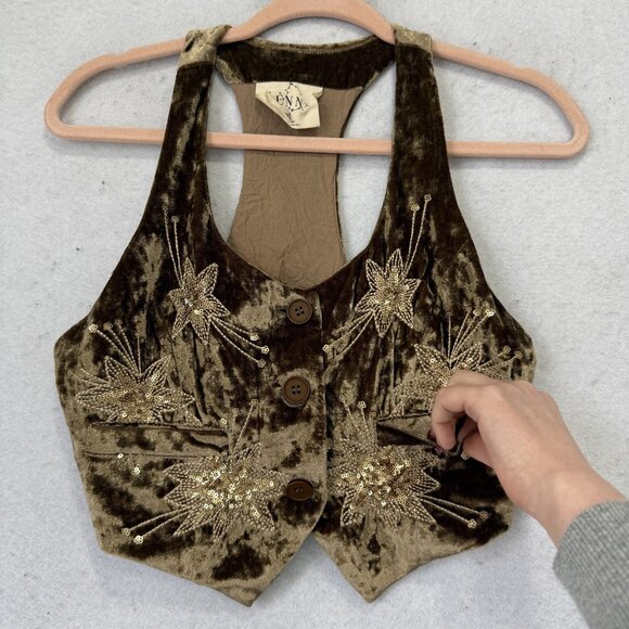 LENNI Vest Womens Medium Brown Velvet Sequin Embroidered Floral Boho Cropped - Picture 3 of 9